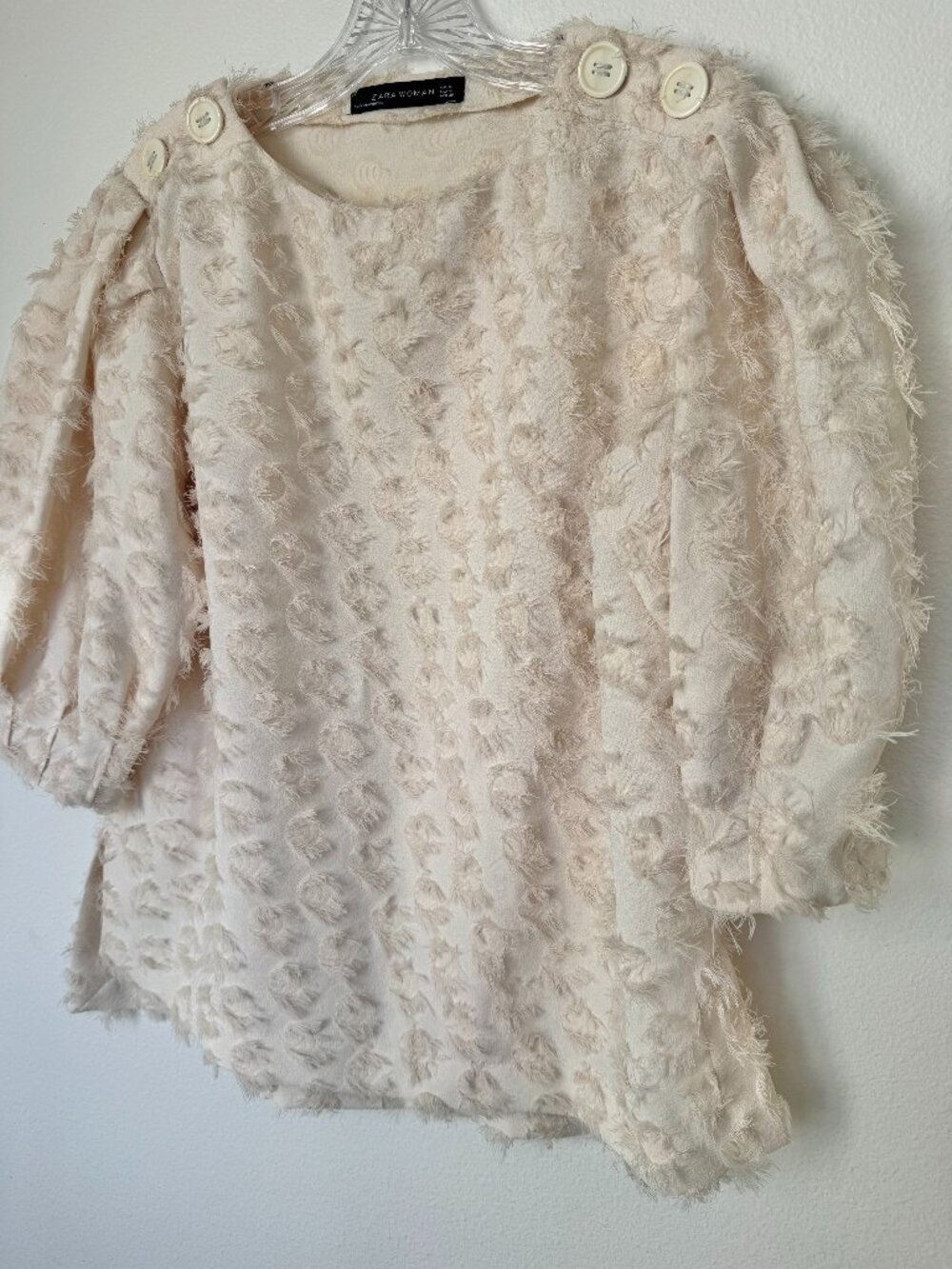 Zara Cream Jacquard Fringed Top Size M